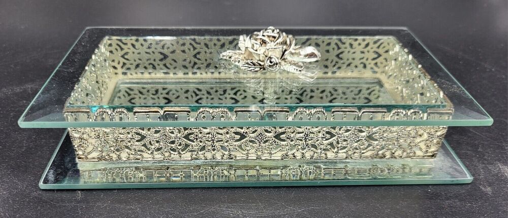 Vtg Ornate Mirrored Glass Box Filigree Silver Rose 7.5x4.5" Studio Silversmiths